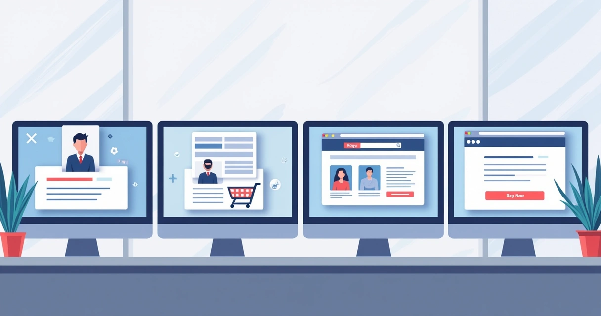 Vários tipos de websites institucionais exibidos em telas lado a lado 