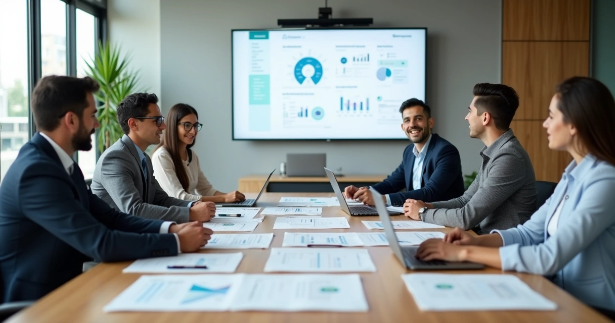 Mesa de reunião com líderes de diferentes tipos de entidades analisando documentos e gráficos 