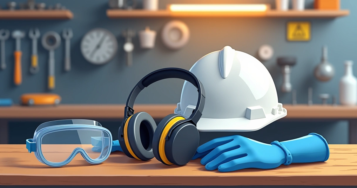 Ilustração com óculos, luvas, capacete e respirador alinhados 