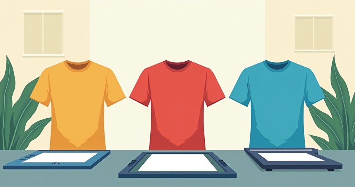 Comparação visual de três técnicas de estampa em camisetas em uma bancada. 