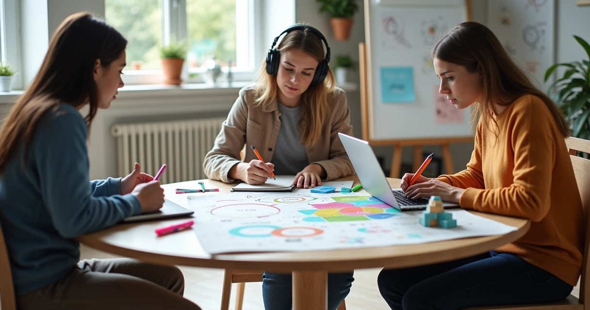 Mesa redonda com três pessoas estudando usando estilos de aprendizagem visual auditivo e cinestésico 