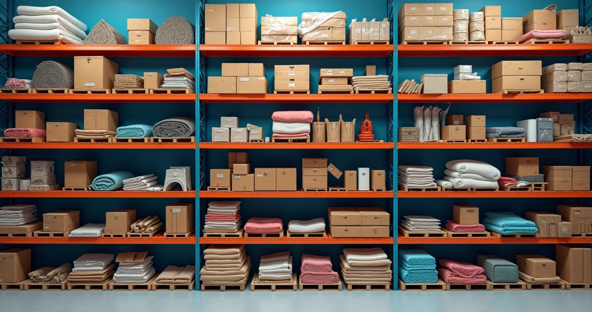 Matérias-primas, produtos em processo e produtos prontos em prateleiras diferentes. 