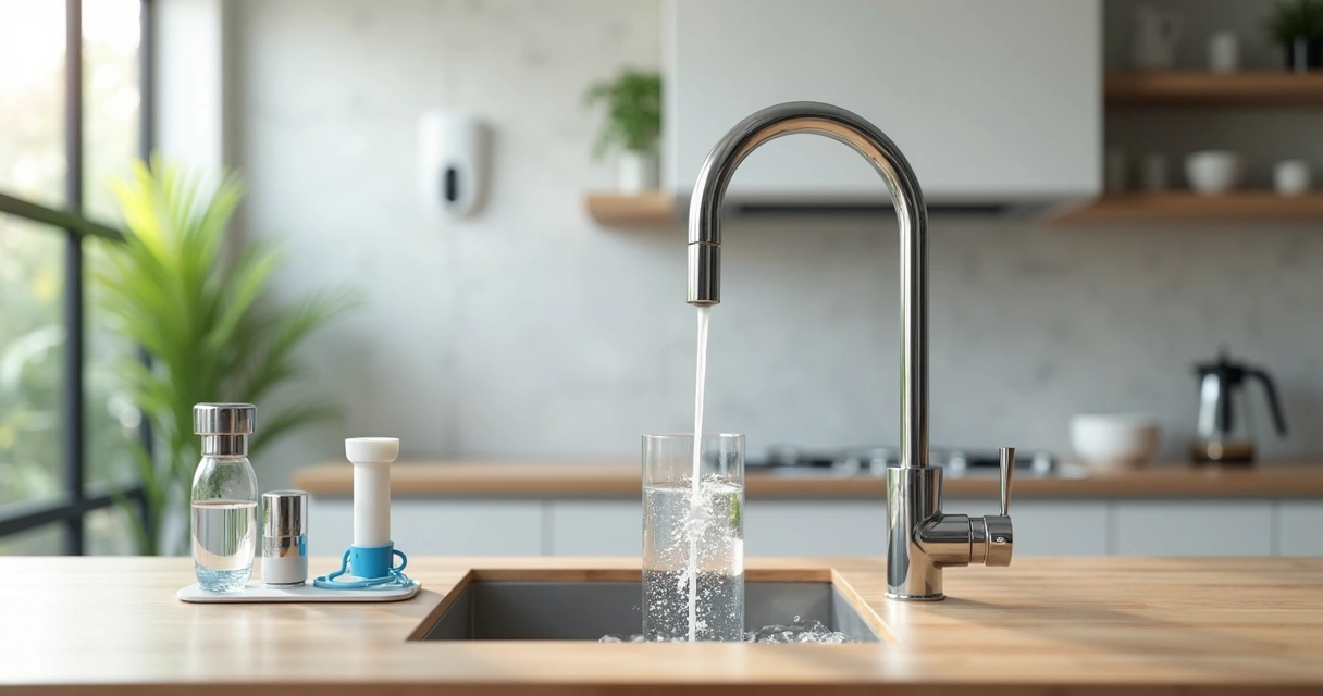 Filtros de água diferentes alinhados em bancada de cozinha moderna 