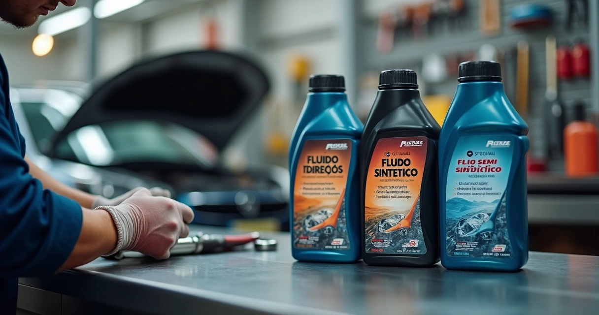 Três frascos de fluido de direção em um balcão de oficina 