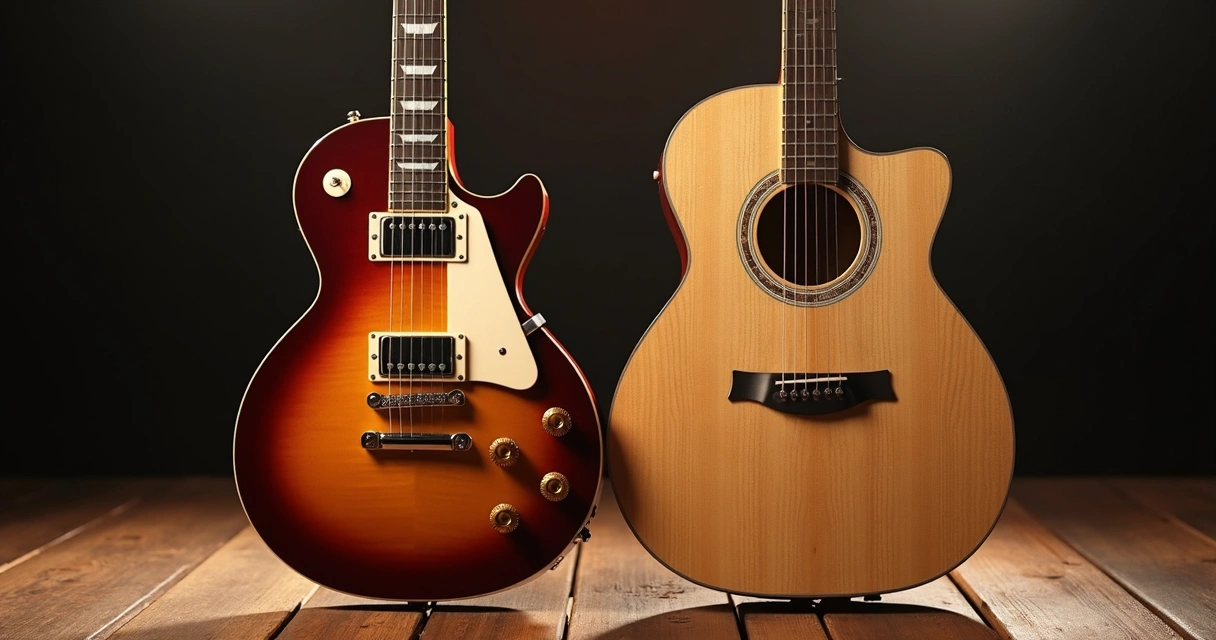 Modelos de guitarras elétrica e acústica lado a lado 