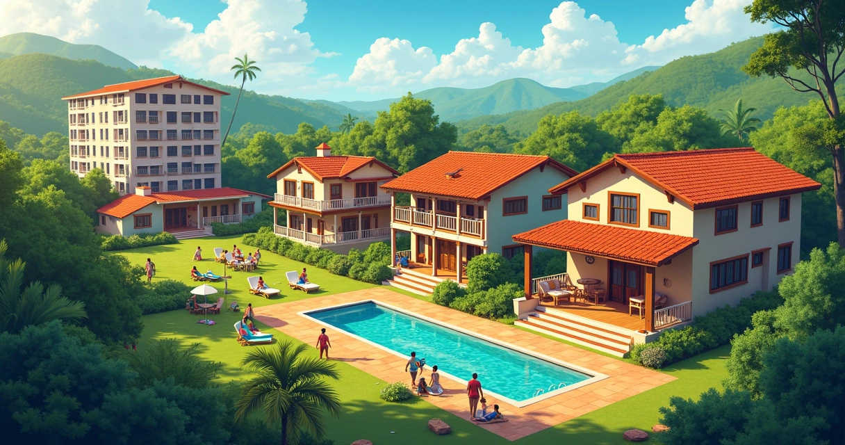 Vista aérea de diferentes tipos de hospedagens como hotel, pousada, hostel e casa para aluguel em um cenário natural