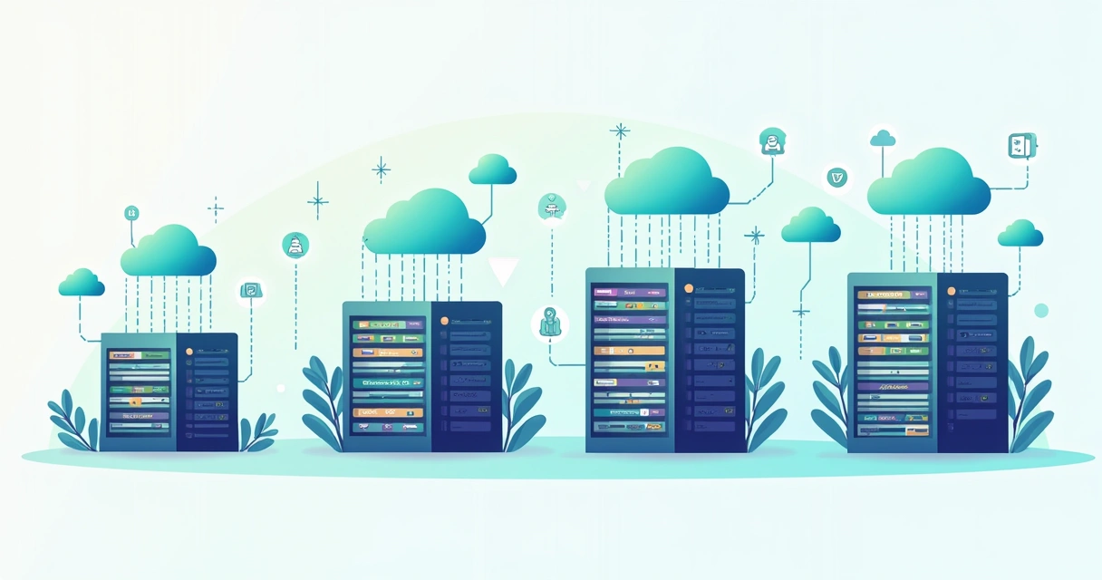 Ilustração variada de servidores de hospedagem de sites em camadas, cores suaves e dispositivos conectados. 