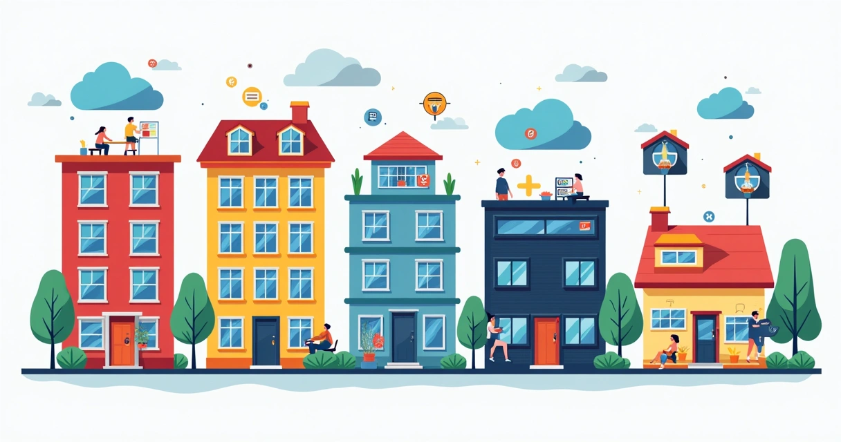 Ilustração de diferentes tipos de hospedagem representando prédio, casa e nuvem. 