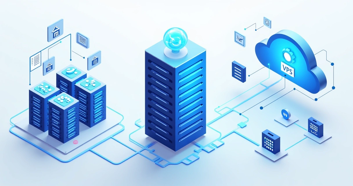 Ilustração de diferentes tipos de hospedagem de sites, mostrando servidores compartilhados, VPS e cloud lado a lado. 