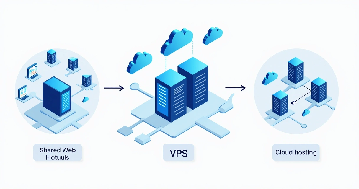 Ilustração de diferentes tipos de hospedagem web, incluindo servidores físicos, nuvem com ícone de cloud e computadores interligados 