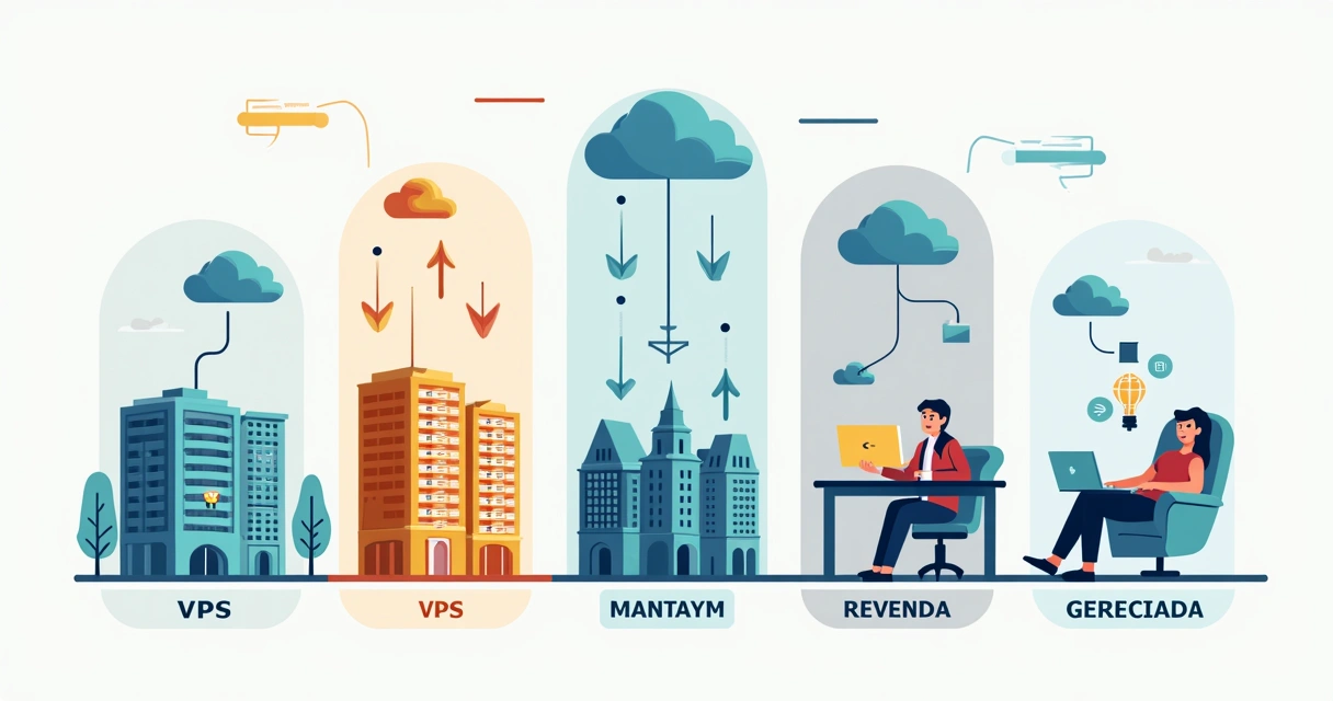 Resumo ilustrado dos principais tipos de hospedagem de site e suas diferenças. 
