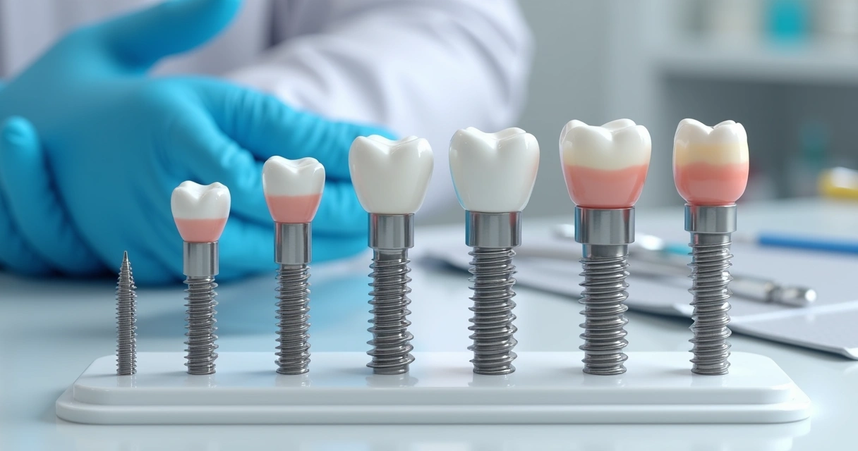 Diferentes modelos de pinos e próteses de implante dentário lado a lado 