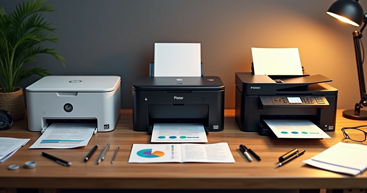 Diferentes tipos de impressoras sobre mesa de madeira 