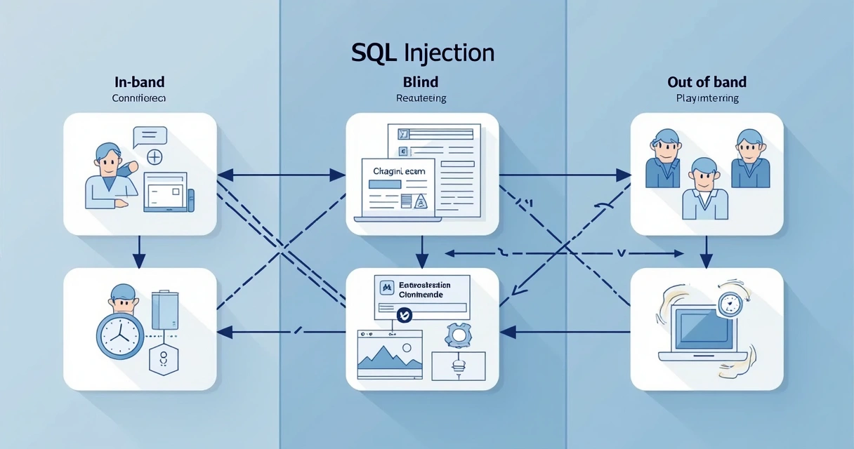 Diagrama dos três tipos de SQL Injection: in-band, cega e fora de banda 