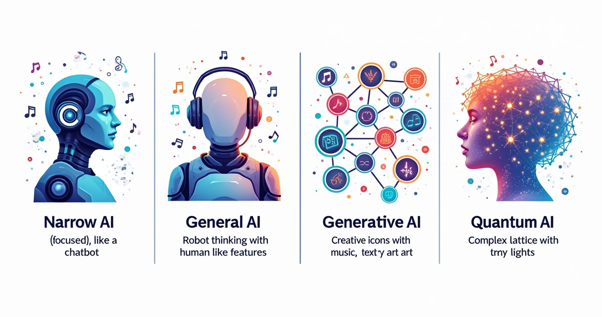 Ilustração mostrando diferentes tipos de inteligência artificial lado a lado 