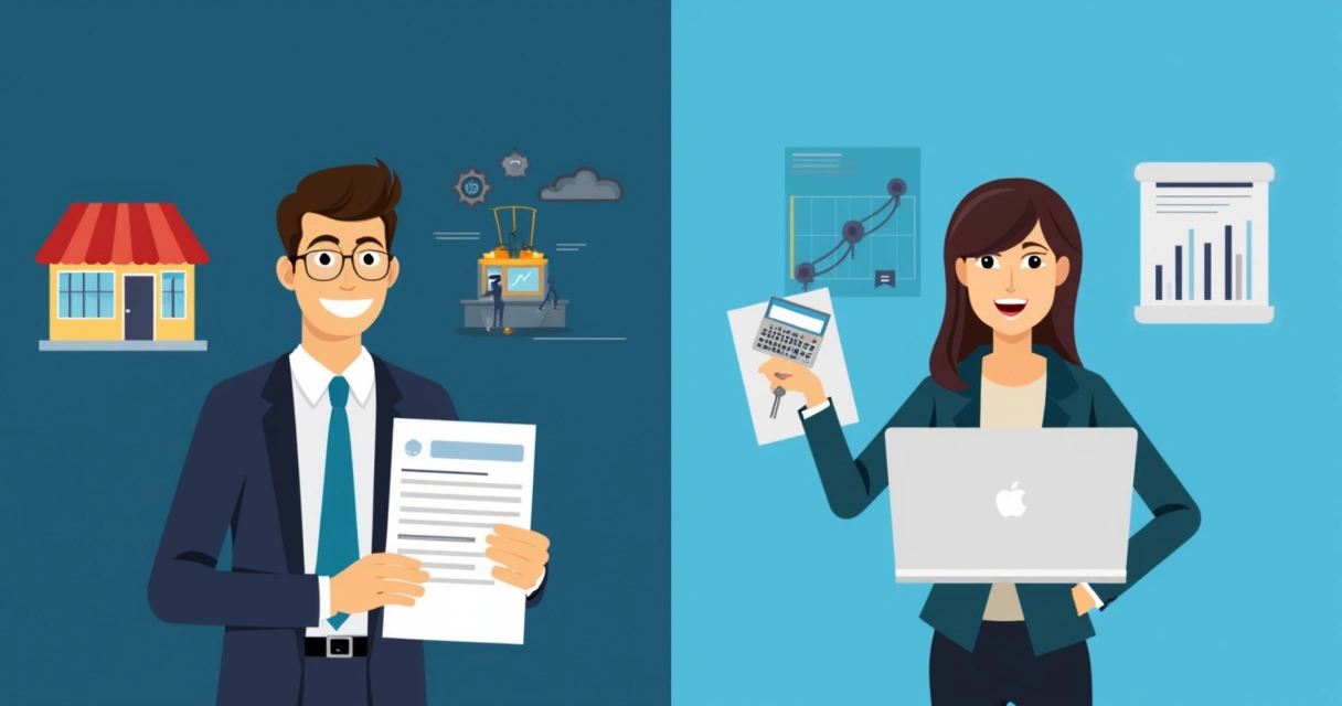 Duas figuras, uma representando o empresário tradicional e outra o criador digital, com elementos visuais diferenciando-os. 