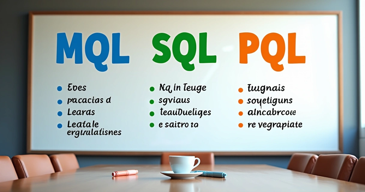 Quadro branco com as siglas MQL, SQL e PQL em destaque 