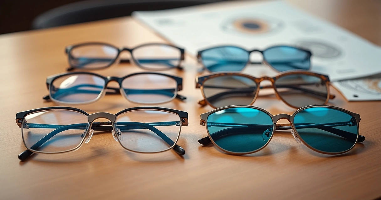 Vários tipos de lentes digitais ao lado de óculos variados 