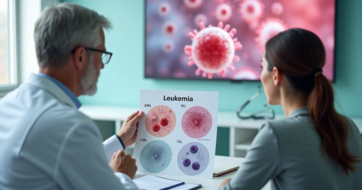 Médico hematologista explicando tipos de leucemia e tratamento para paciente em consultório 