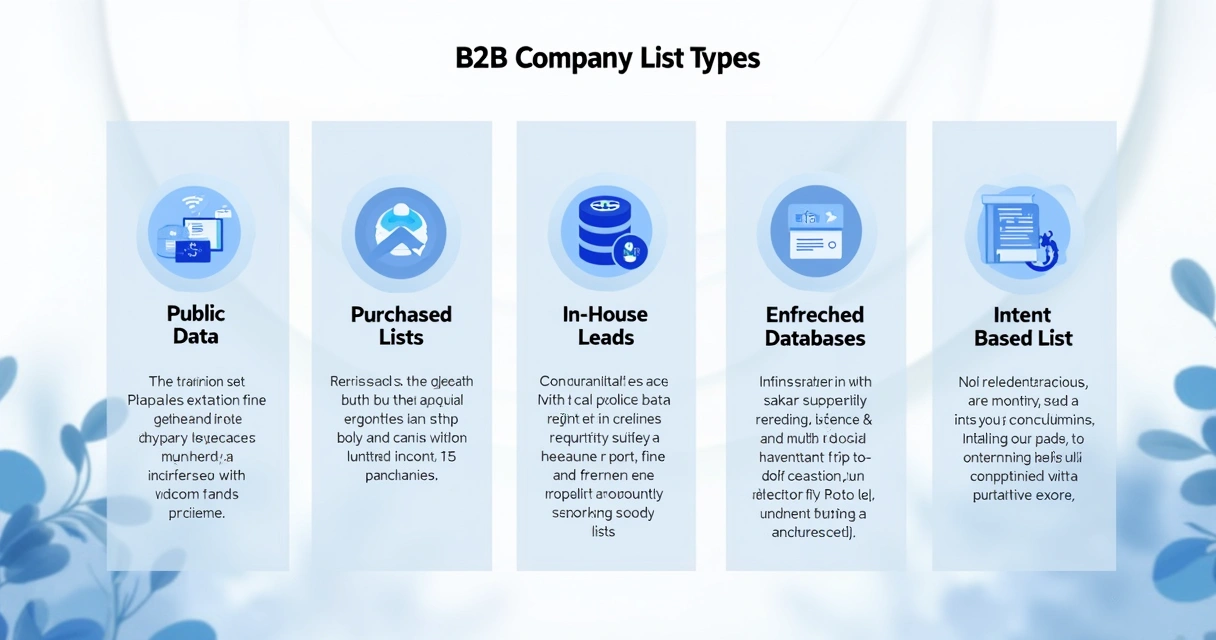 Colunas destacando diferentes tipos de listas de empresas B2B em fundo claro 