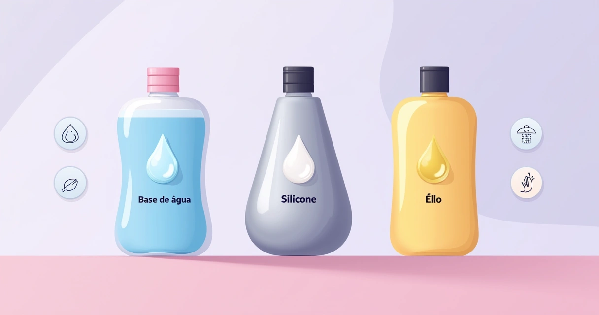 Ilustração de três frascos de lubrificante à base de água, silicone e óleo lado a lado em fundo clean 