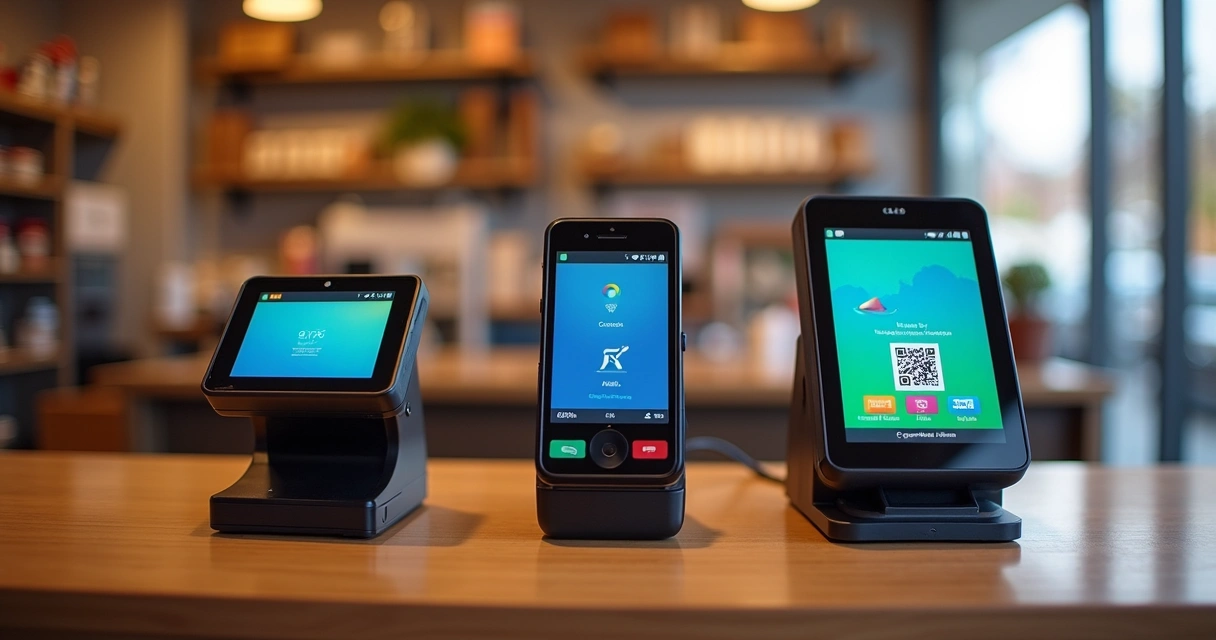 Vitrine com diferentes máquinas de cartão lado a lado, cada uma com design distinto 