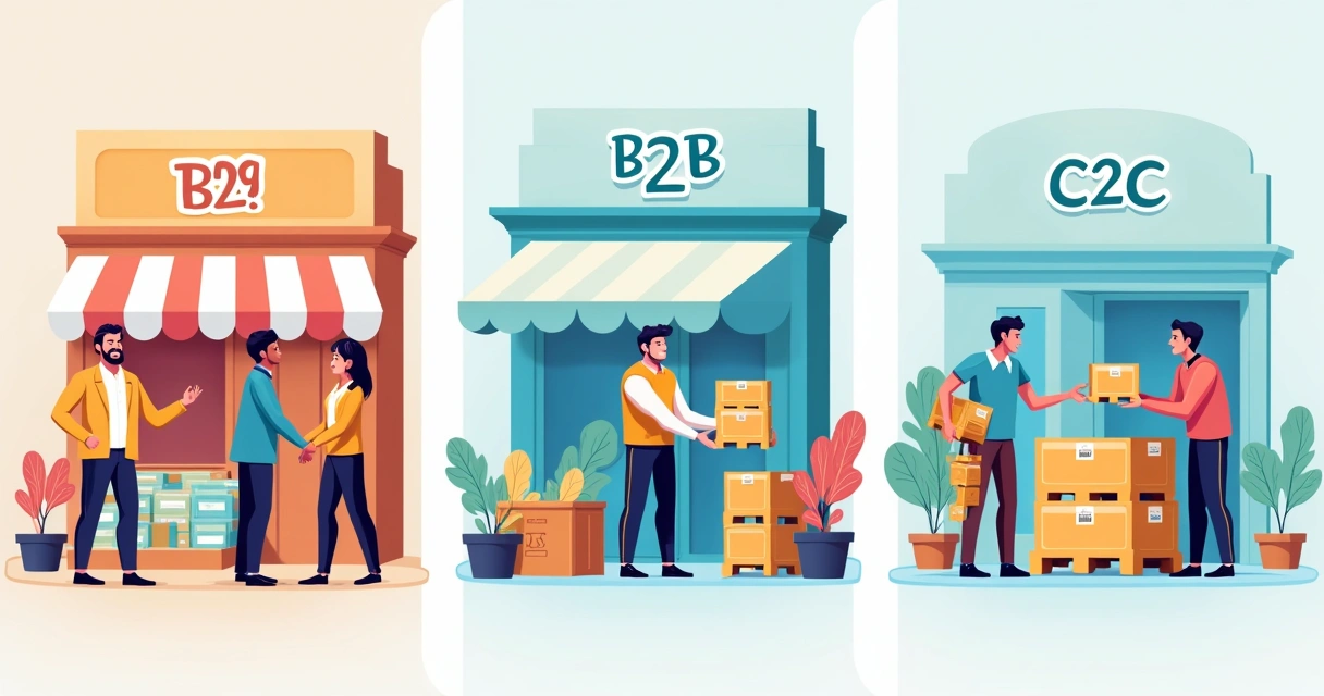 Ilustrações de diferentes tipos de marketplace e modelos de negócios 