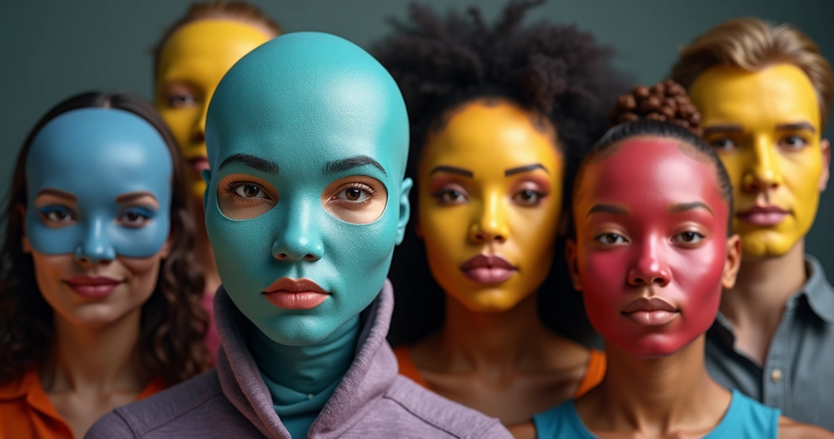Pessoas usando máscaras coloridas, representando diferentes identidades sociais 