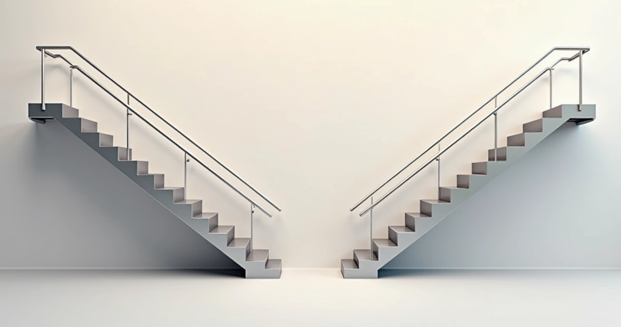 Degraus metálicos de aço e alumínio lado a lado em fundo neutro. 