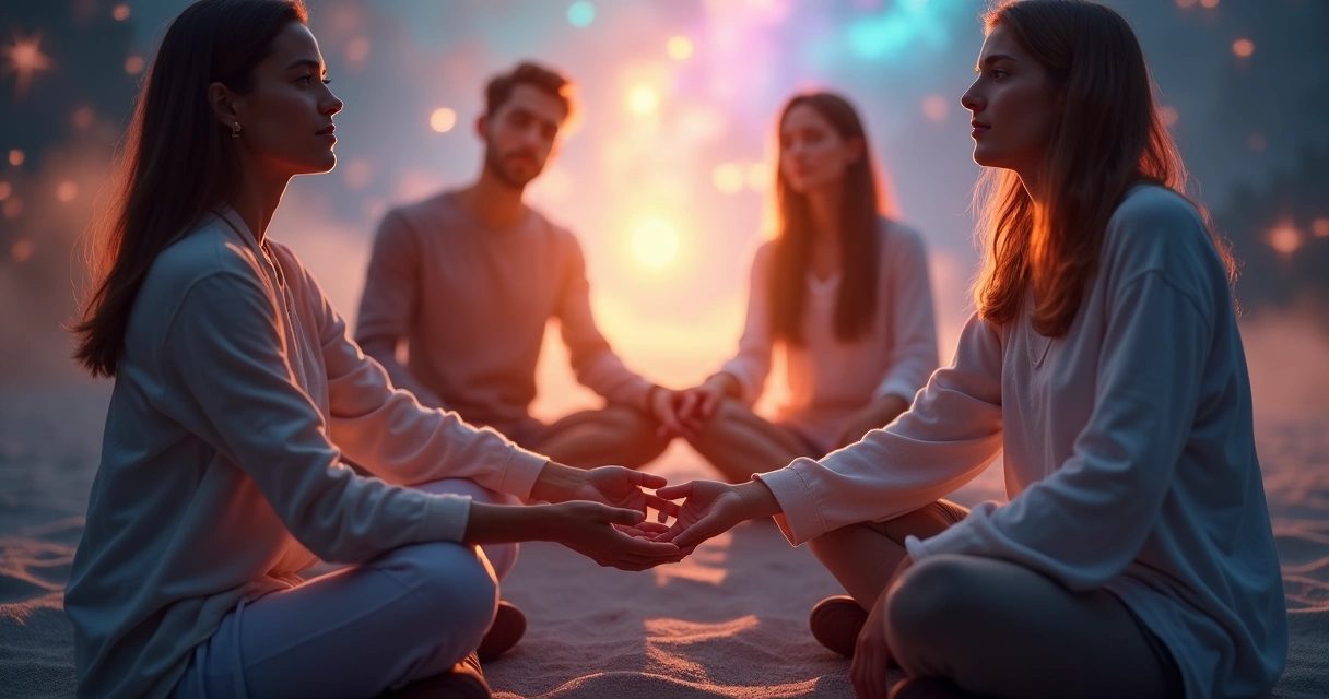 Pessoas em círculo de mãos dadas, luzes suaves e formas coloridas ao fundo.