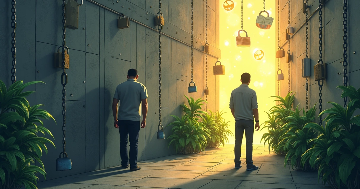 Comparação entre duas figuras humanas, uma envolta por elementos que limitam e outra cercada por símbolos de crescimento e oportunidades. 