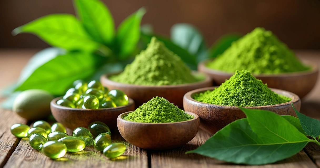 Diferentes tipos de moringa apresentadas em cápsulas, pó e folhas frescas sobre uma mesa de madeira 