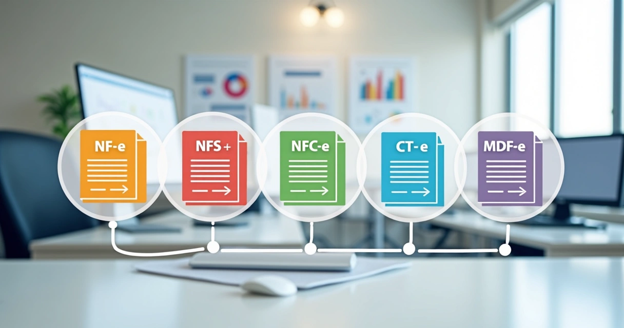 Representação gráfica colorida dos diferentes tipos de nota fiscal eletrônica no Brasil