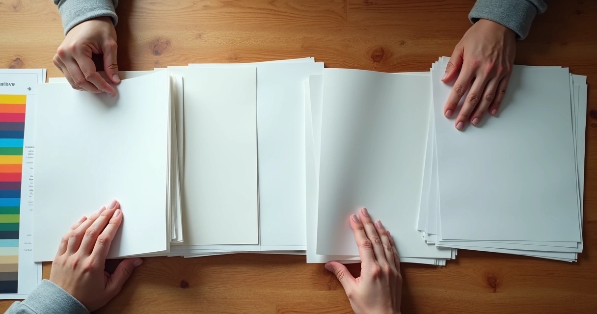 Amostras de papéis de diferentes texturas e cores lado a lado na mesa