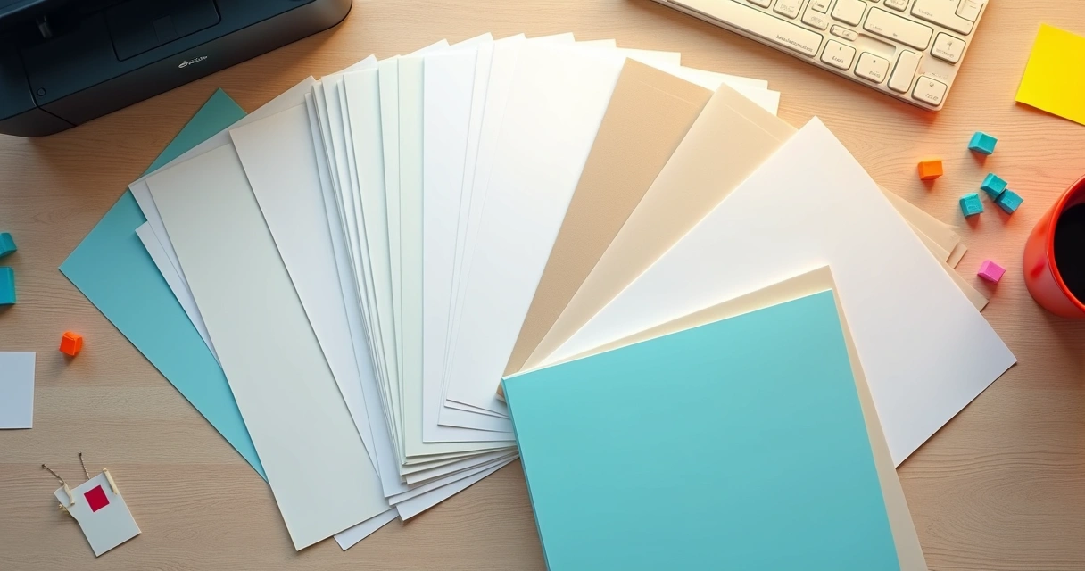 Vários tipos de papel para impressão organizados em espiral sobre mesa colorida 