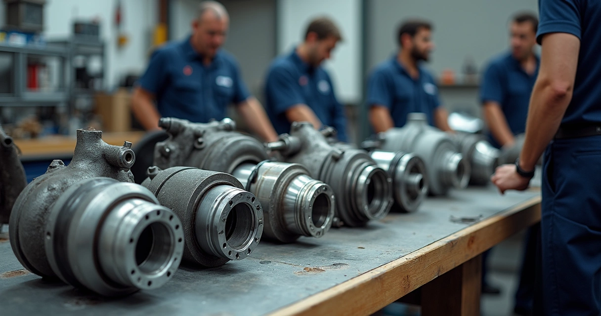 Exemplo de diversos tipos de peças de caminhão distribuídas em uma bancada com etiquetas 