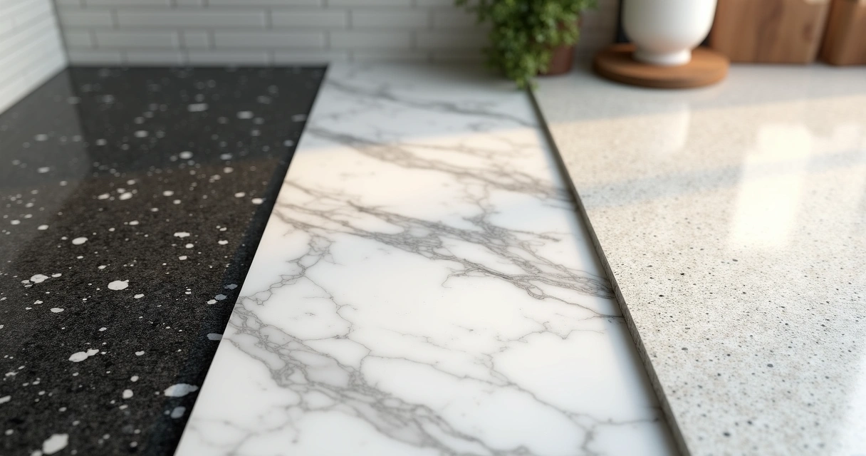 Bancadas de três tipos de pedra lado a lado, mostrando granito, mármore e quartzito 