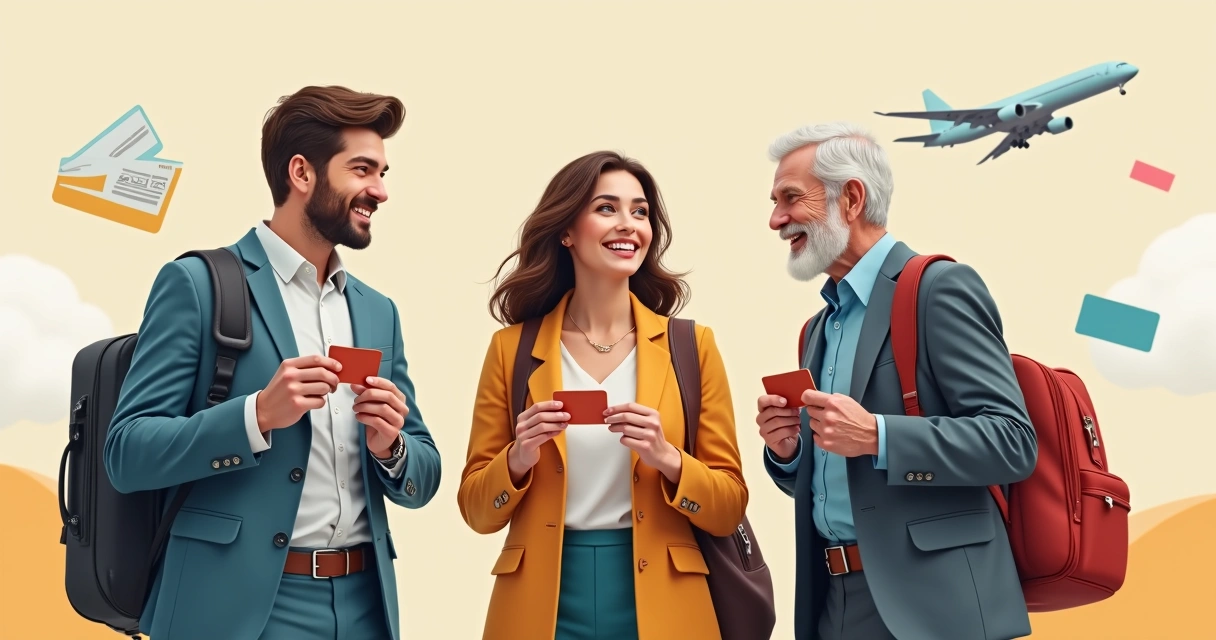 Três perfis diferentes usando cartões: jovem, executivo, casal de idosos 