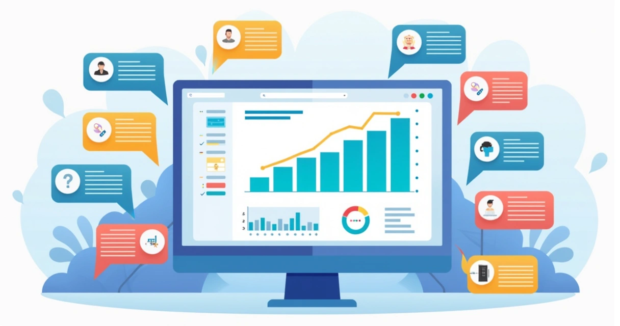 Ilustração corporativa mostrando um dashboard digital com gráficos e diferentes tipos de perguntas NPS em balões de diálogo coloridos 