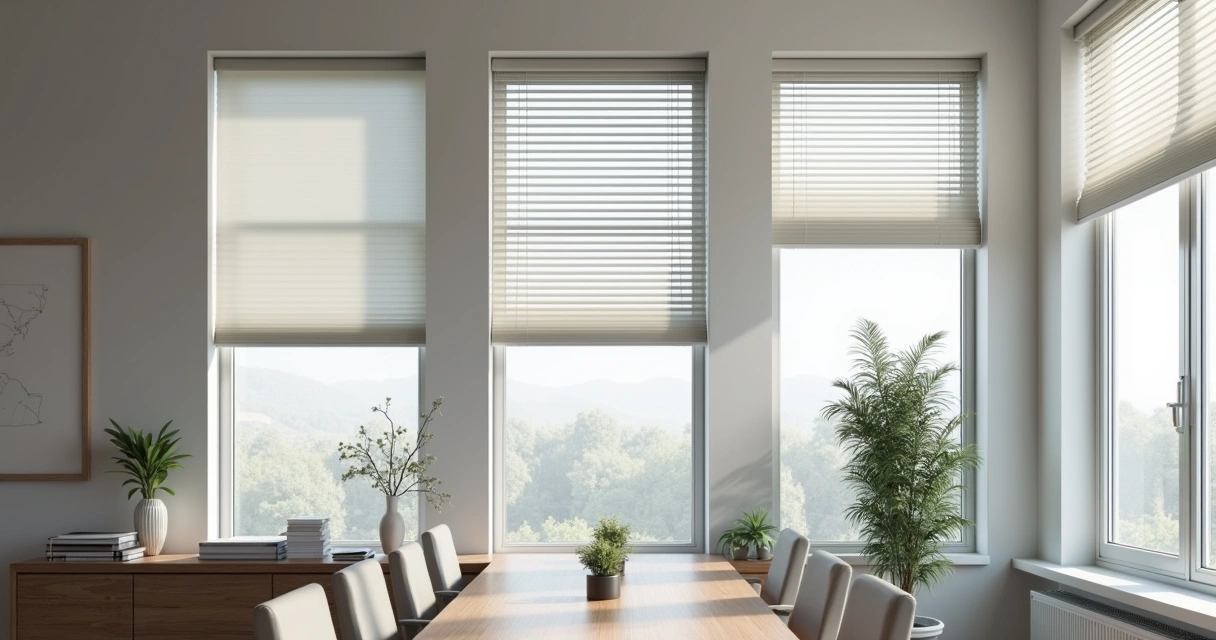 Diferentes tipos de persianas motorizadas modernas em janelas de um escritório