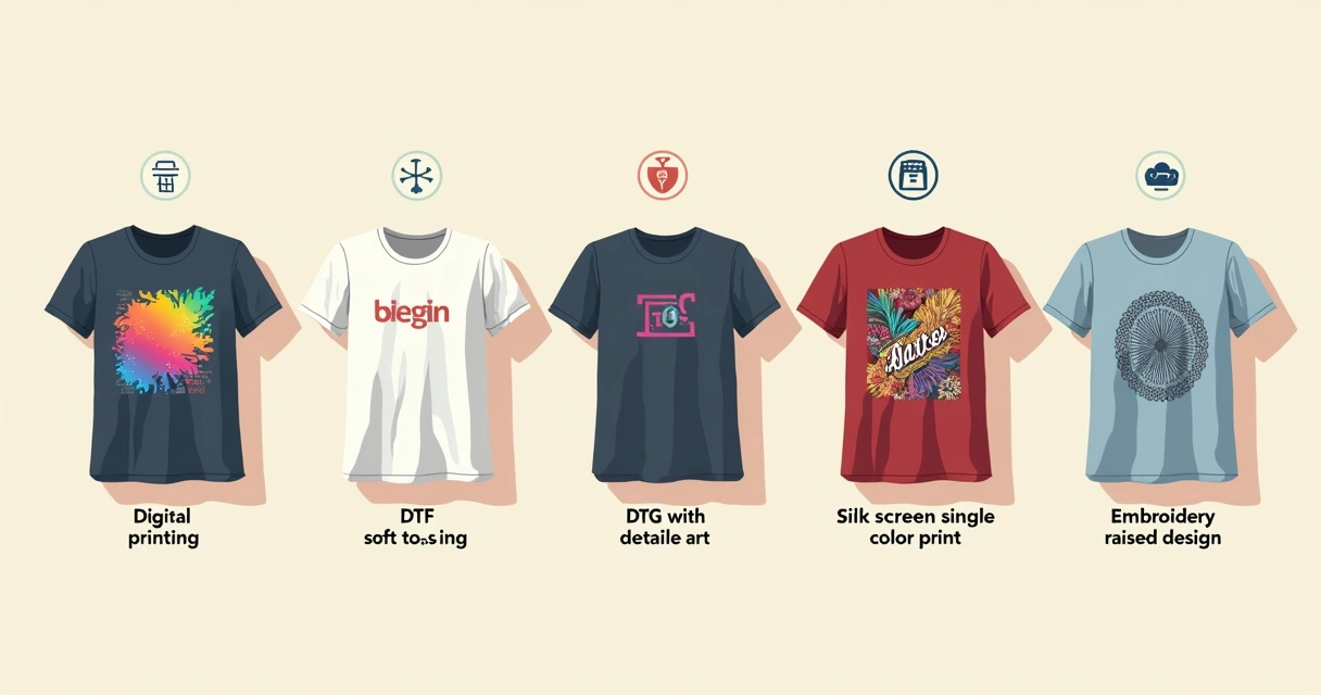 Cinco camisetas em linha, cada uma exibindo um tipo de personalização diferente, sobre fundo claro. 