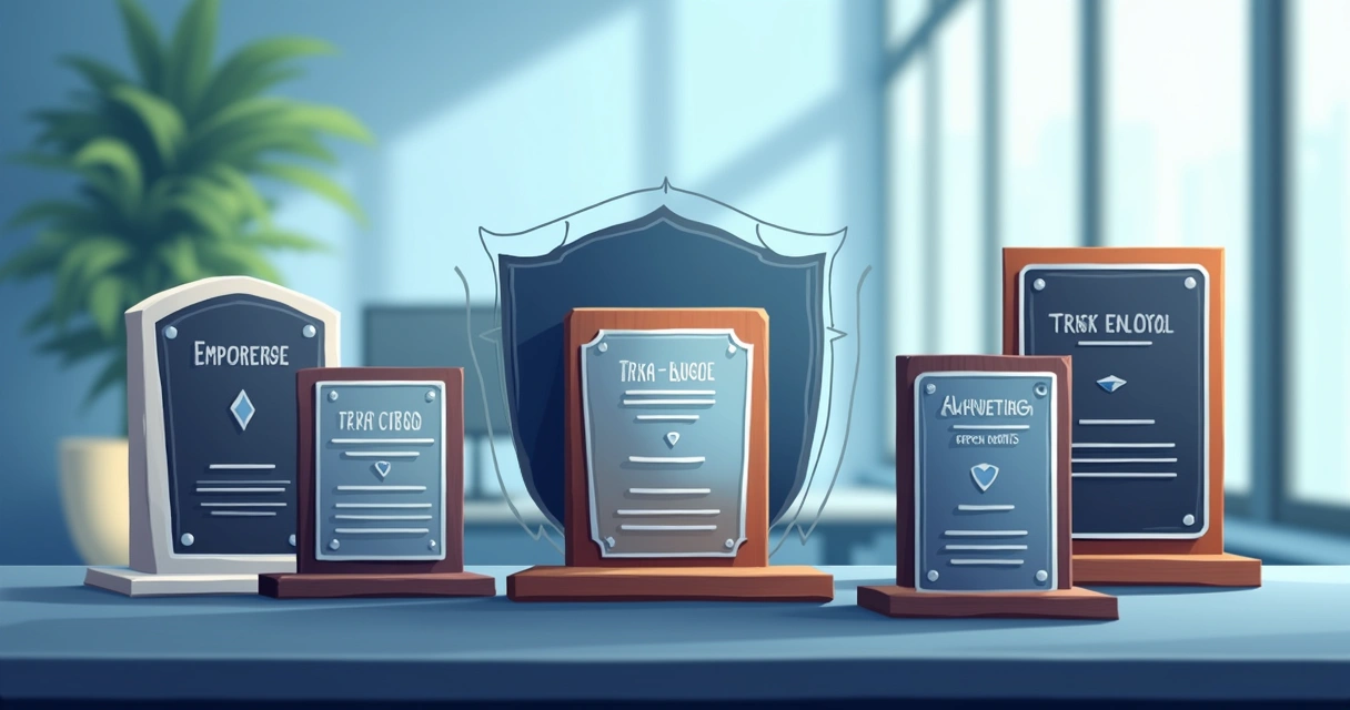 Vários modelos de placas corporativas alinhados sobre mesa 
