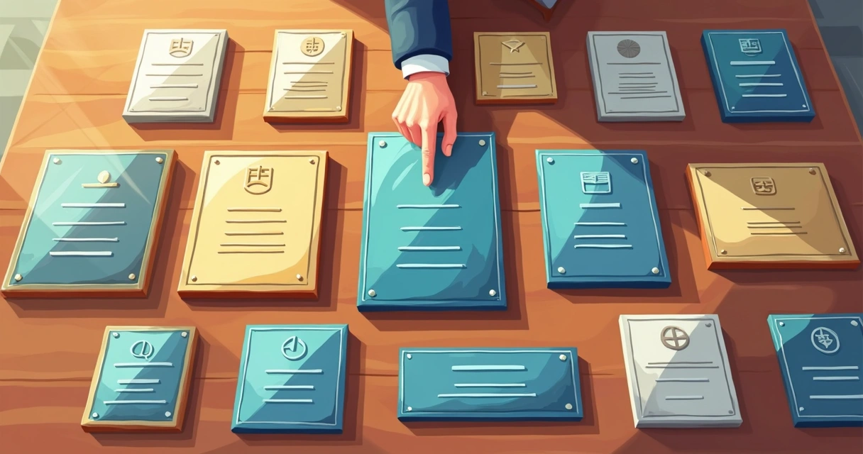 Vários modelos de placas de homenagem sobre mesa 