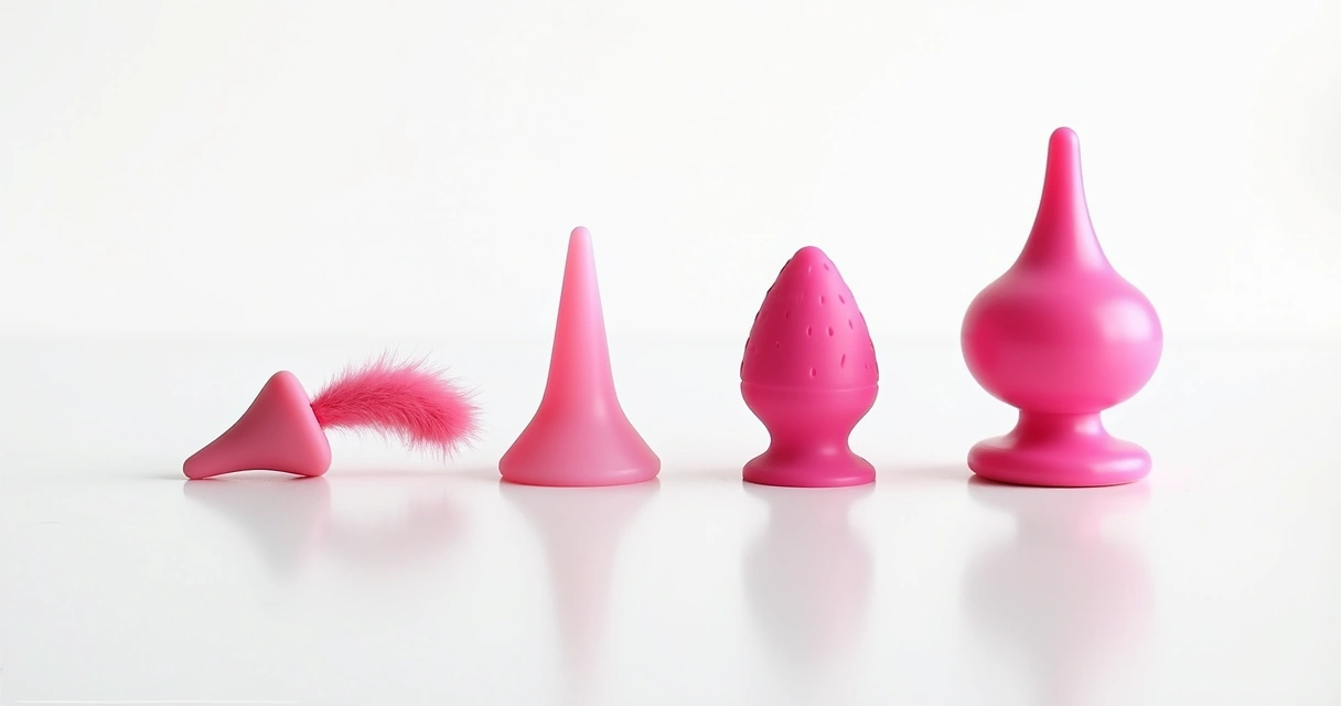 Quatro tipos de plug anal organizados lado a lado em fundo branco. 