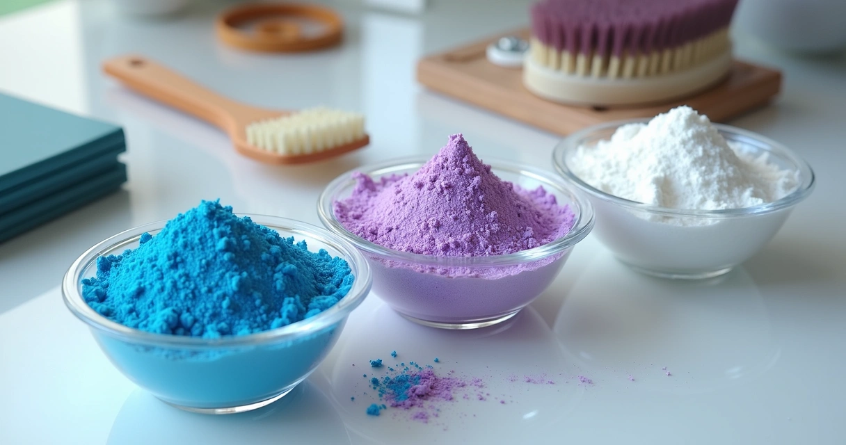 Potes de pós descolorantes azul, violeta e branco lado a lado 