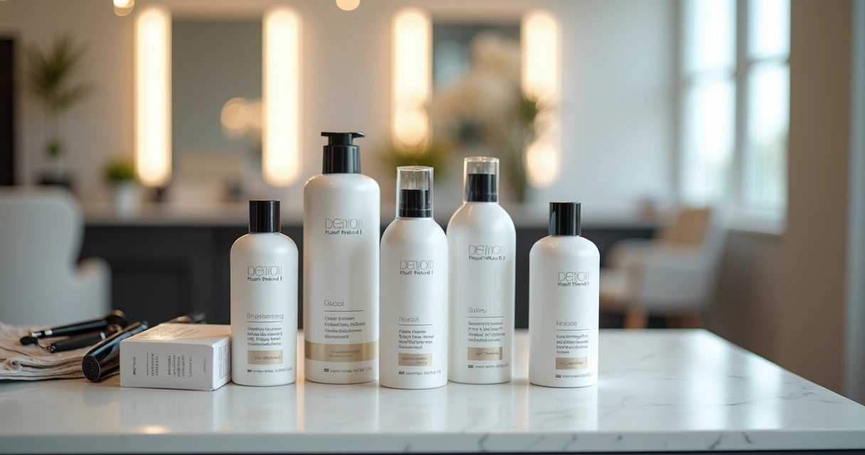 Vários frascos de diferentes progressivas organizados em uma bancada de salão. 