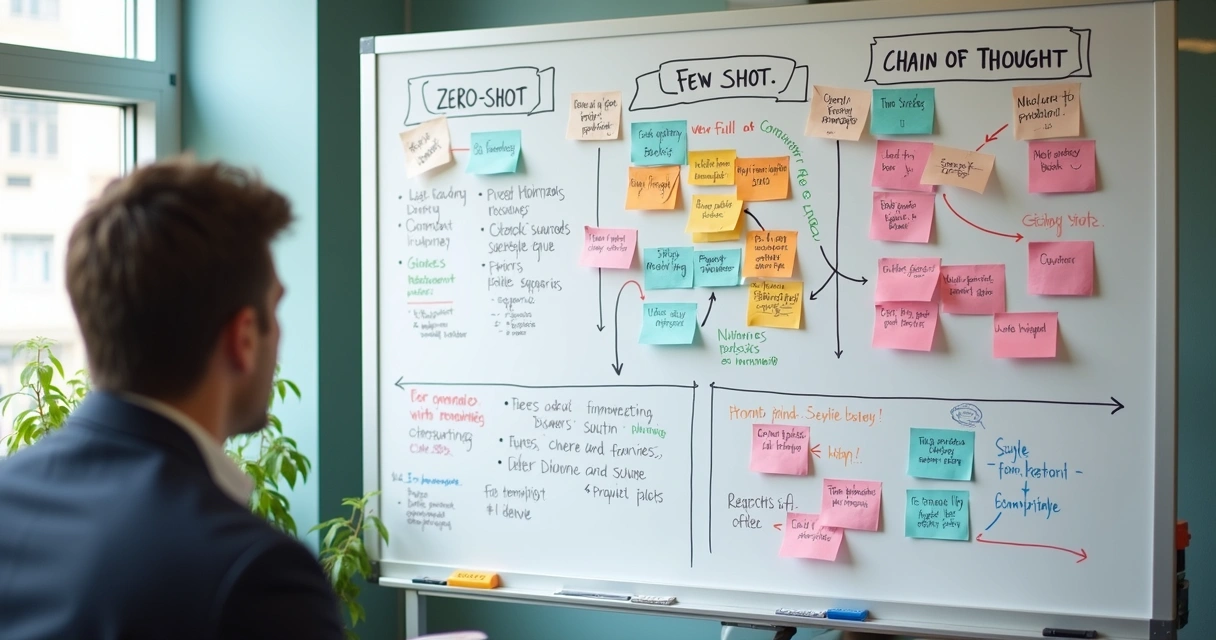 Quadro branco com exemplos de prompts zero-shot, few-shot e chain of thought 