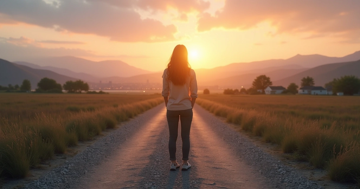 Pessoa em encruzilhada observando diferentes caminhos iluminados no horizonte 