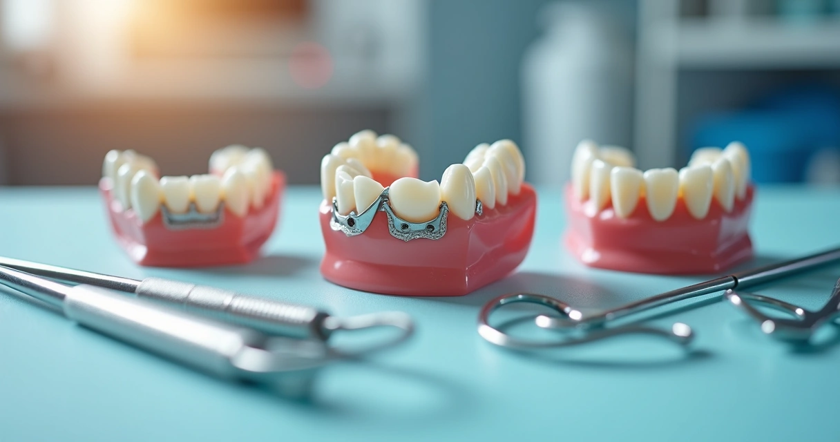Diferentes tipos de prótese dentária em uma bancada de consultório 