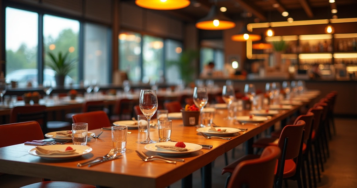 Mesas variadas em restaurante com diferentes estilos de atendimento como self-service, à la carte e fast food 